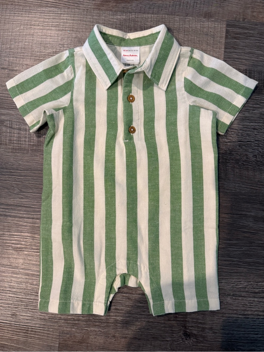 Hanna Andersson Cotton Linen Green & White Striped Short Romper 12-18 Month NWOT